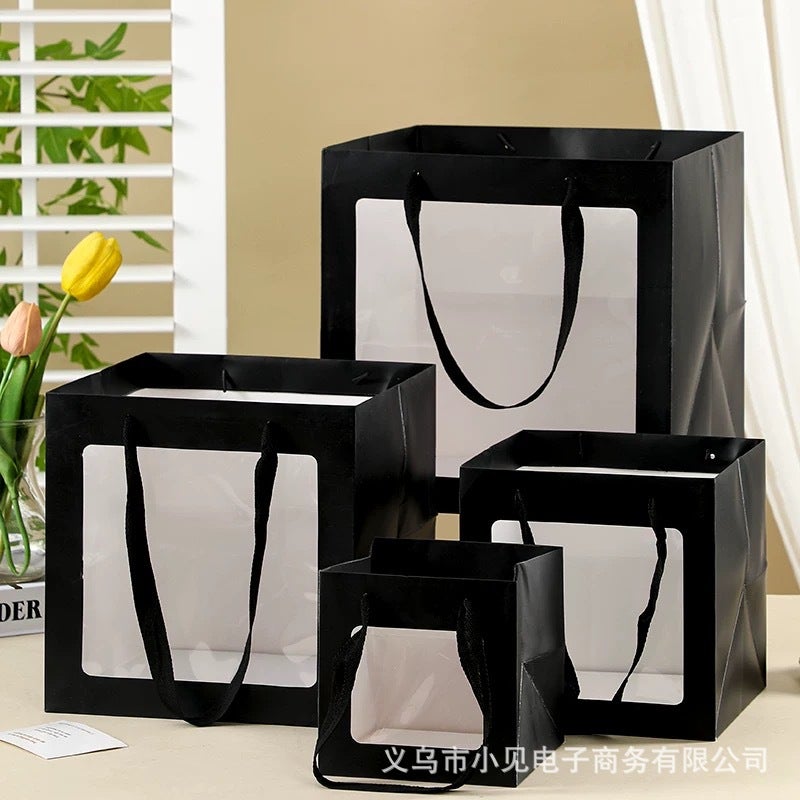 Gift Bags, Square Flower Tote Bags, Bouquet Packaging Bags, Transparent Kraft Paper Bags, Large Thickened Gift Bags - Image 1